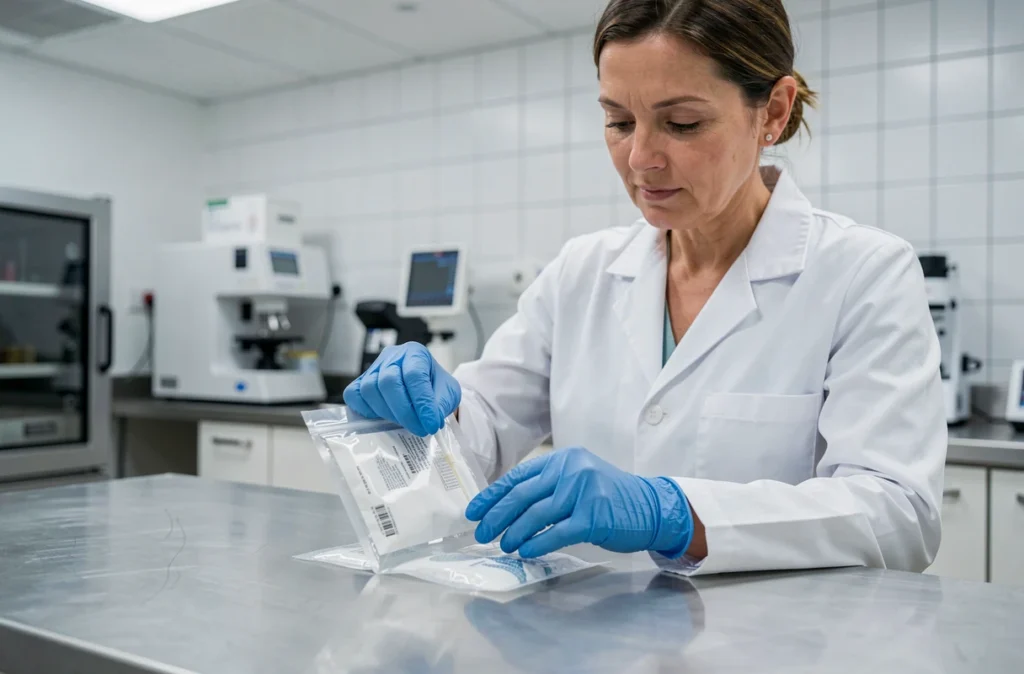 Technicienne de laboratoire préparant un kit de prélèvement pour un test ADN de paternité dans un laboratoire médical français