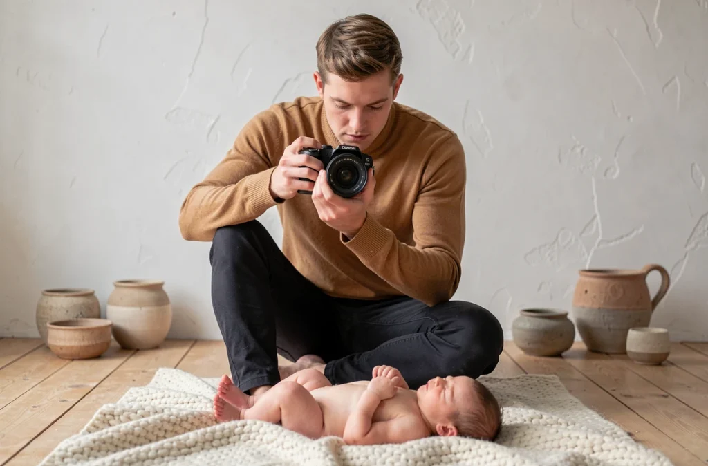 Legoupil Valentin, photographe portrait et naissance en Alsace, composant soigneusement un cliché d'un nouveau-né sur une couverture en laine dans un studio minimaliste