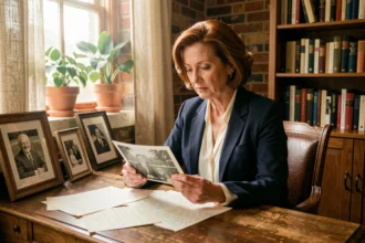 Femme mature consultant de vieilles photographies de famille dans un bureau vintage chaleureux, évoquant les secrets familiaux non révélés dans les biographies officielles
