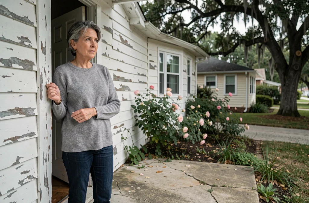 Femme debout dans l'embrasure d'une vieille maison familiale américaine aux allures nostalgiques, symbolisant les aspects méconnus de la vie privée de Lynn Noe loin des biographies officielles
