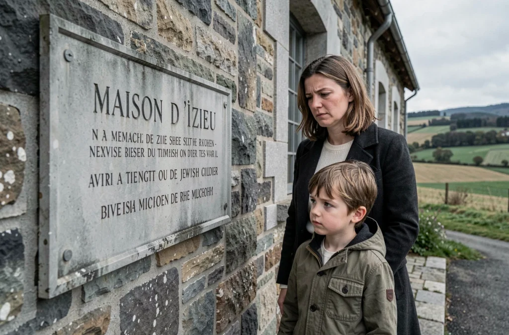 Mère et enfant devant le mémorial de la Maison d'Izieu dans l'Ain