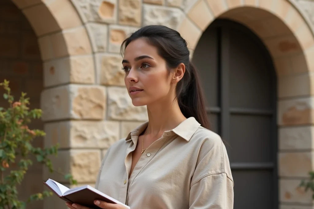 Femme journaliste aux origines méditerranéennes devant une architecture en pierre, évoquant le contexte familial et culturel lié aux origines de Margot Haddad