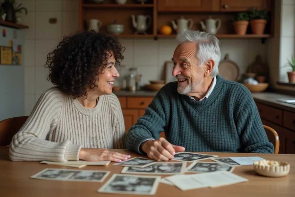 Couple de parents aux origines culturelles différentes consultant des photos de famille anciennes, illustrant la diversité des racines familiales dans l'article sur les parents de Margot Haddad