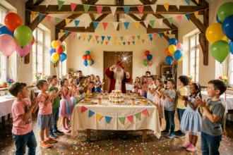 Scène festive d'anniversaire avec enfants, animateur costumé et décoration colorée dans une salle des Hauts-de-France