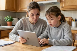 Mère et enfant consultant ensemble un guide éducatif numérique sur tablette autour de la table de cuisine