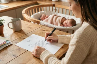 Jeune mère rédigeant une lettre de demande de temps partiel 80% après son congé maternité à la table de cuisine
