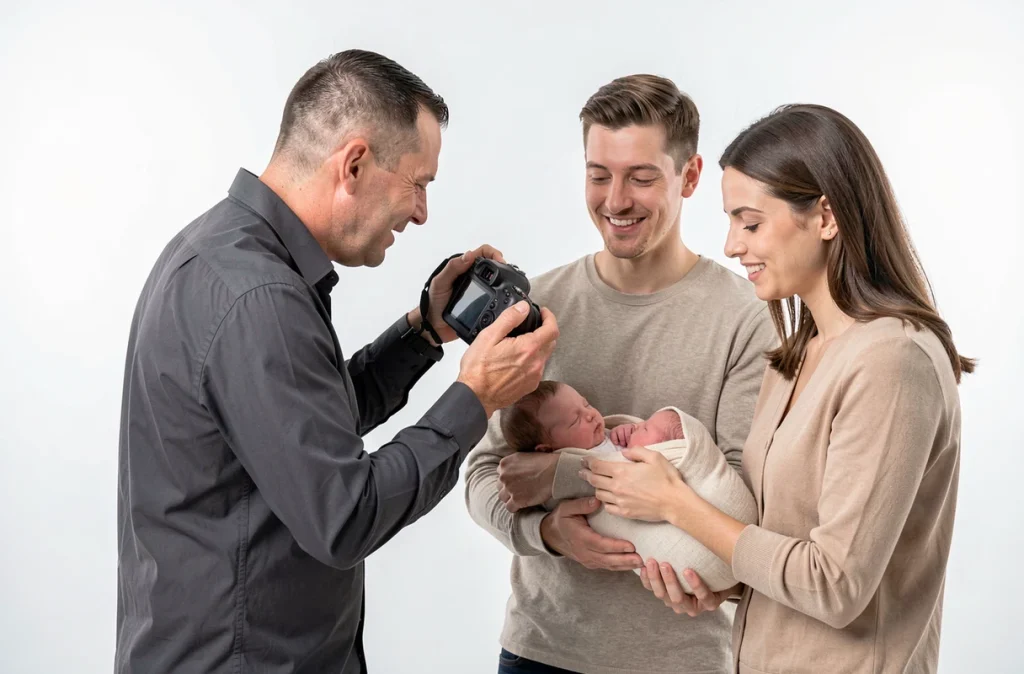 Photographe Ocus-Focus en Moselle guidant une famille lors d'une séance naissance en studio avec fond blanc et accessoires minimalistes