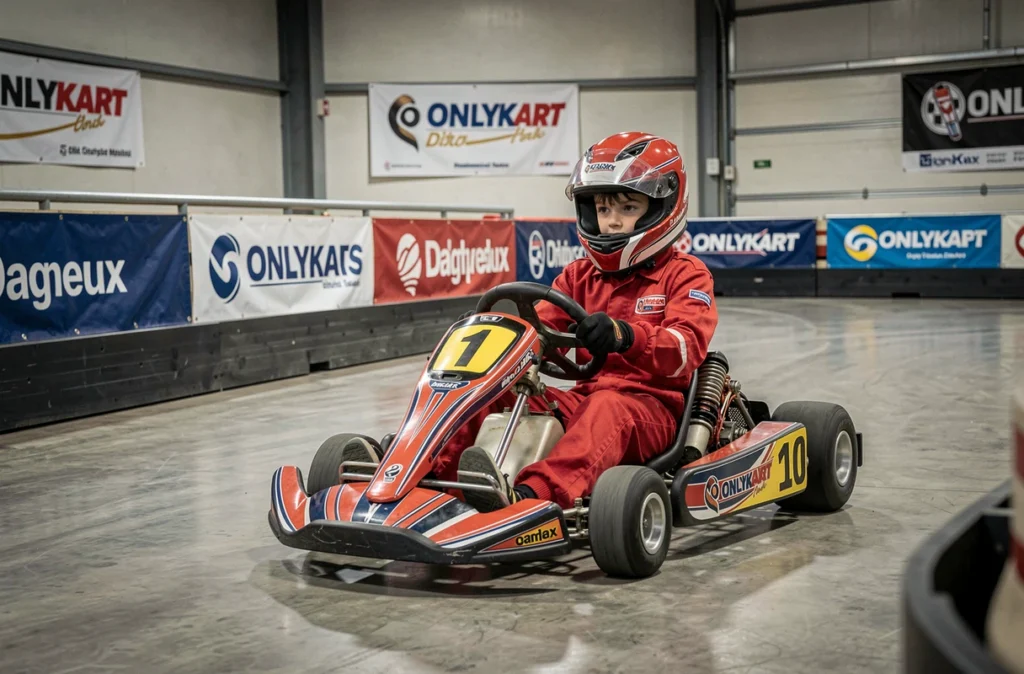 Adolescent en kart sur le circuit indoor d'OnlyKart à Dagneux