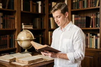 Jeune homme tenant un livre ouvert dans une bibliothèque ancienne, illustrant l'histoire et l'origine du prénom Baptiste