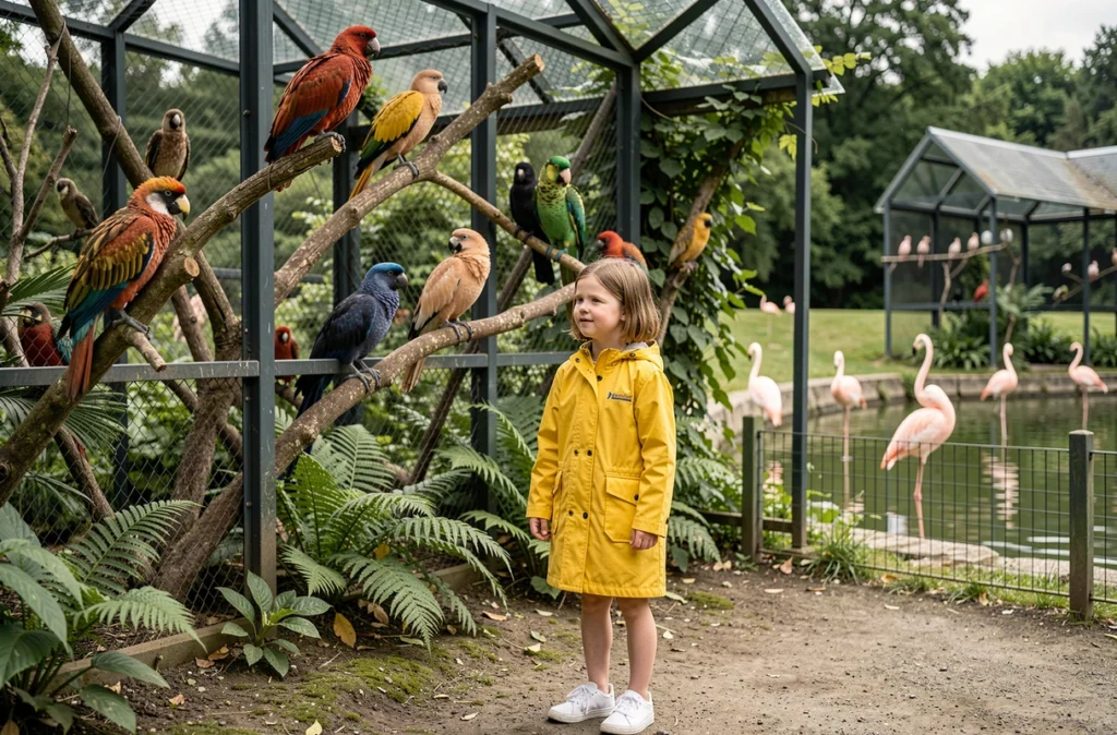 Petite fille devant les volières d'oiseaux exotiques au Parc des Oiseaux de Villars-les-Dombes