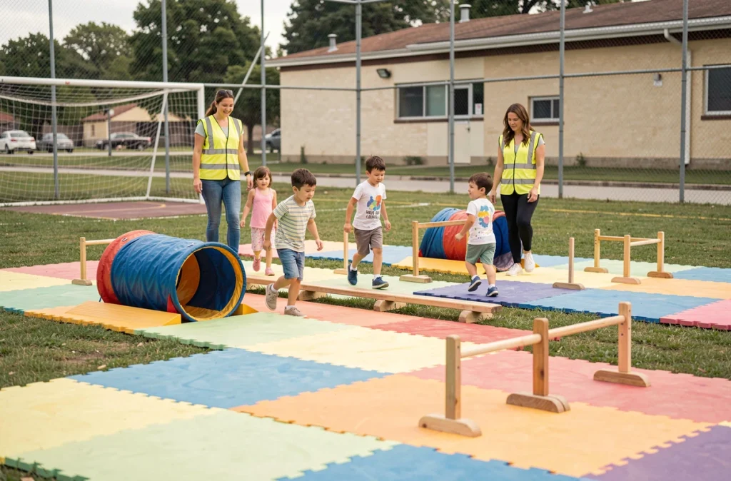 Parcours d'obstacles sécurisé pour kermesse avec tapis de protection et animateurs en gilet de sécurité