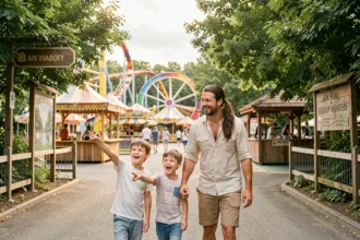 Famille heureuse avec enfants à l'entrée d'un parc de loisirs dans l'Ain