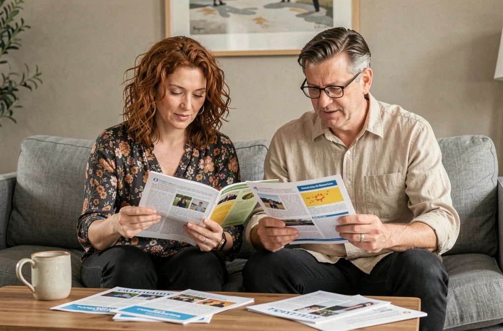Deux parents assis sur le canapé du salon en train de lire ensemble un guide pratique pour parents d'élèves