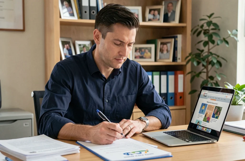 Père consultant des documents scolaires et un guide éducatif pour parents sur ordinateur portable à son bureau