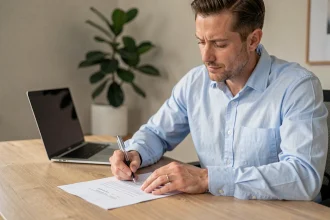 Père salarié rédigeant une lettre de congé parental à son bureau à domicile