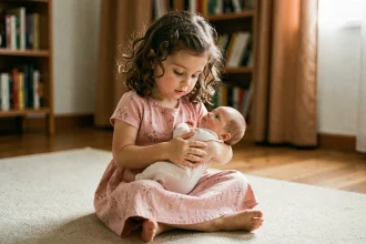 Petite fille tenant délicatement un bébé reborn réaliste dans ses bras dans un salon cosy