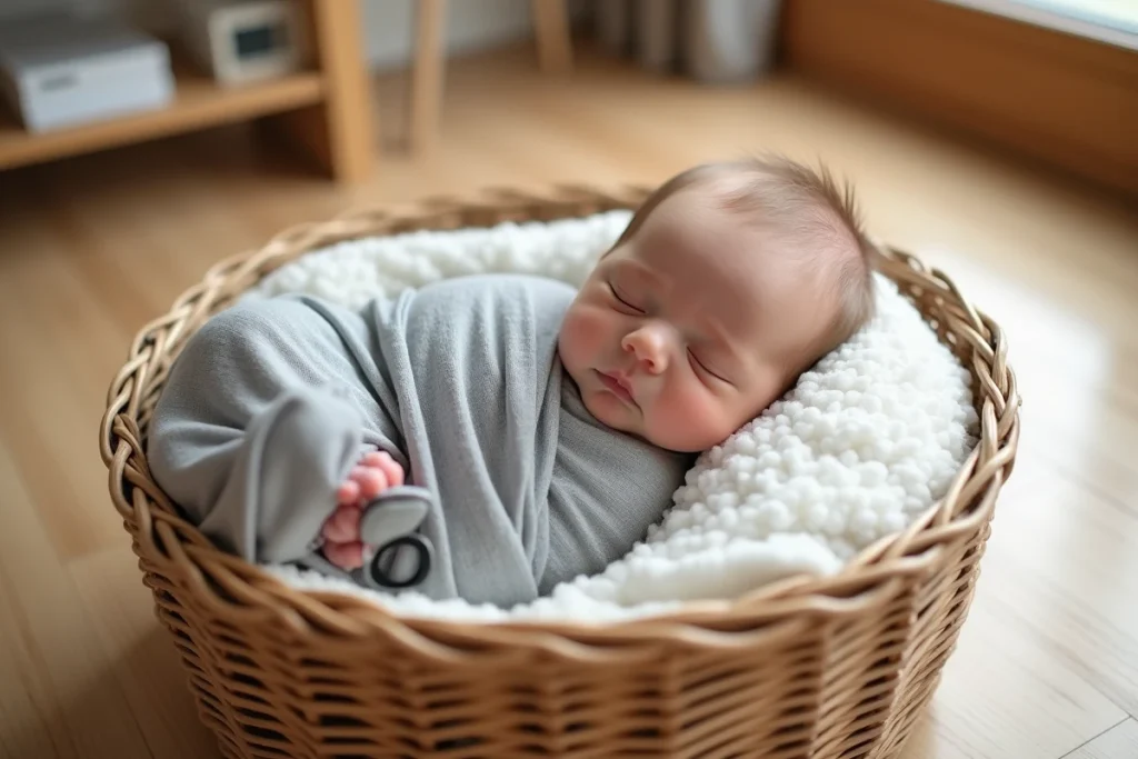 Bébé de 6 mois endormi dans un panier en osier avec chiffre en feutrine, idée photo mensuelle sans réveiller l'enfant