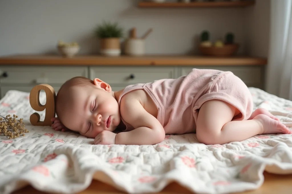 Bébé de 9 mois en combinaison lin rose posé sur un quilt fleuri vintage, photo mensuelle originale sans le réveiller