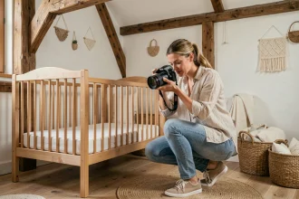 Photographe de naissance professionnelle dans un studio aménagé dans le Grand Est, préparant une séance nouveau-né avec bassinet en bois et décoration alsacienne