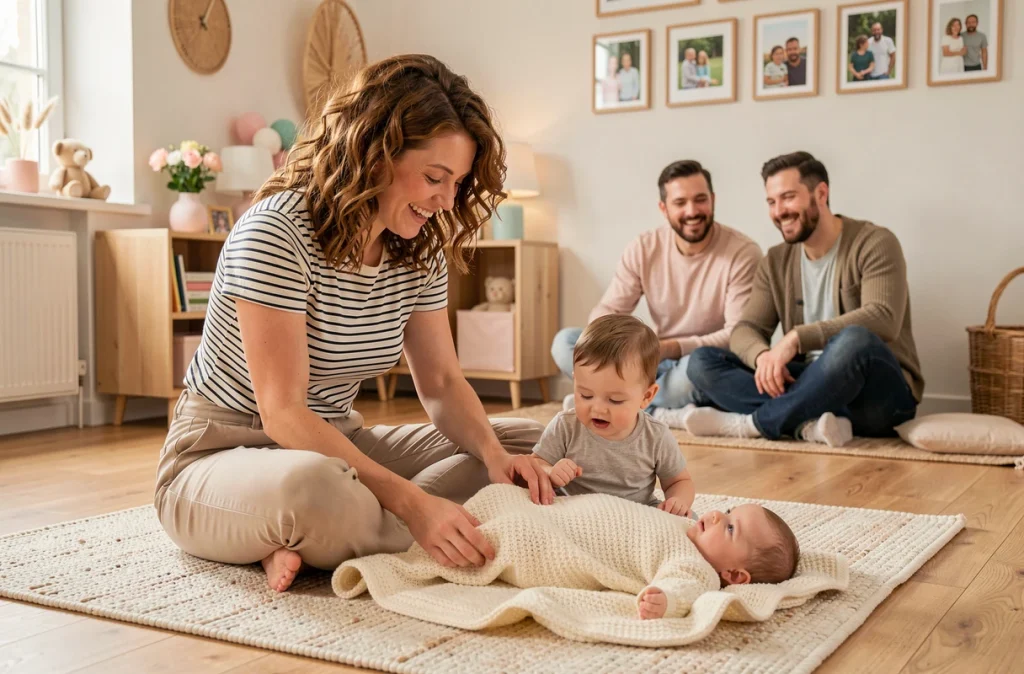Pic's me five, photographe bébé et famille dans le Grand Est, interagissant joyeusement avec un enfant en bas âge lors d'une séance photo familiale en studio