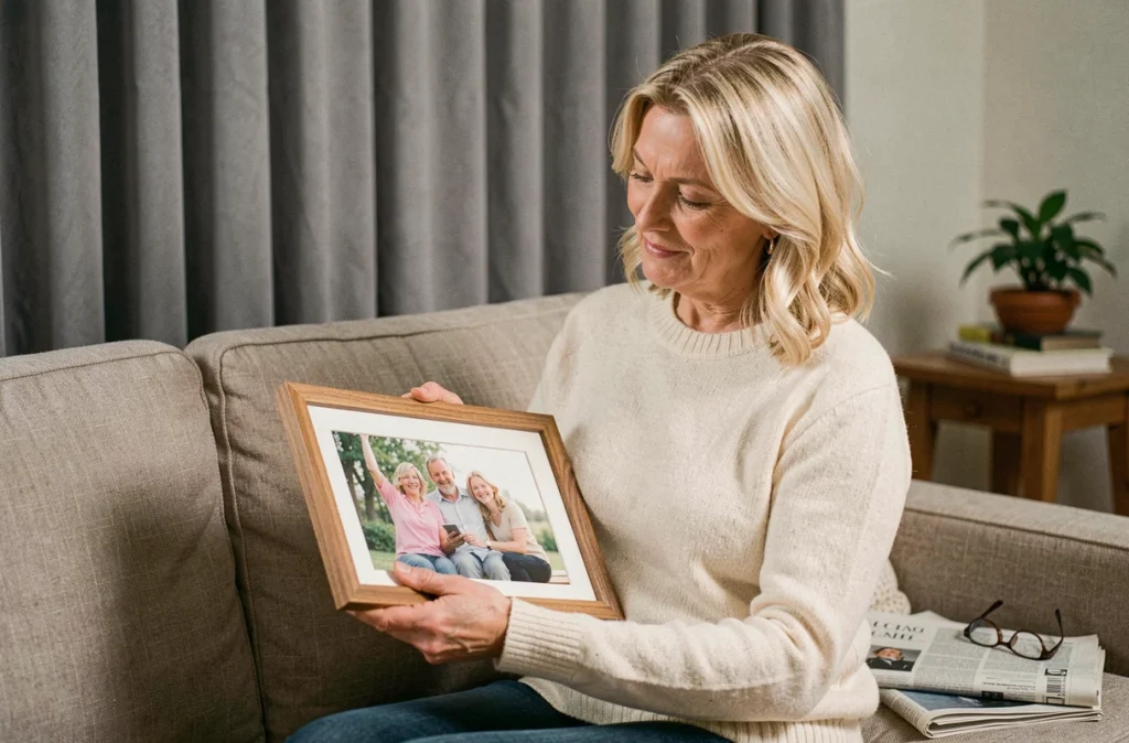 Portrait intime d'une femme politique blonde tenant une photo de famille dans son salon, atmosphère domestique et personnelle