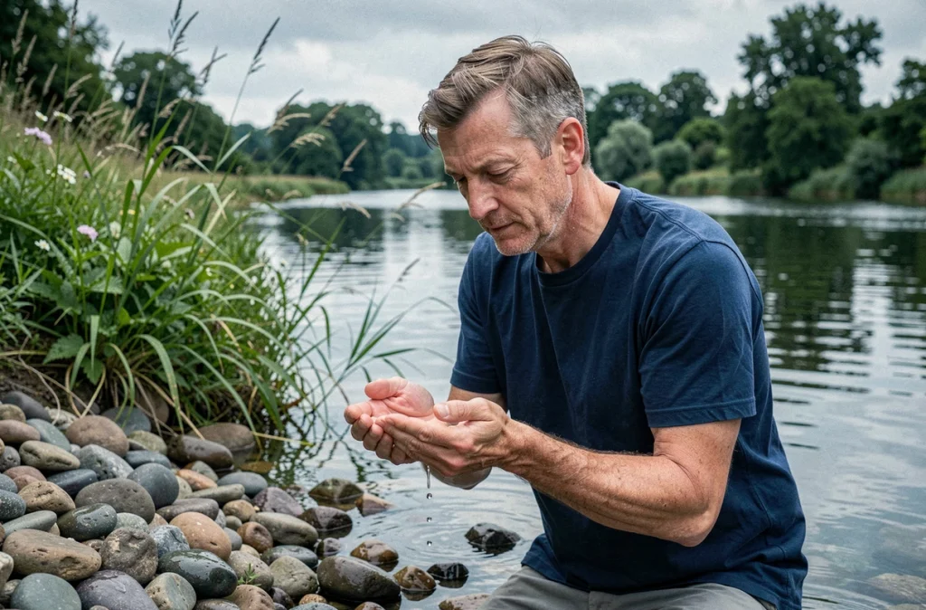 Homme au bord d'une rivière tenant de l'eau dans ses mains, symbolisant le baptême et l'étymologie du prénom Baptiste