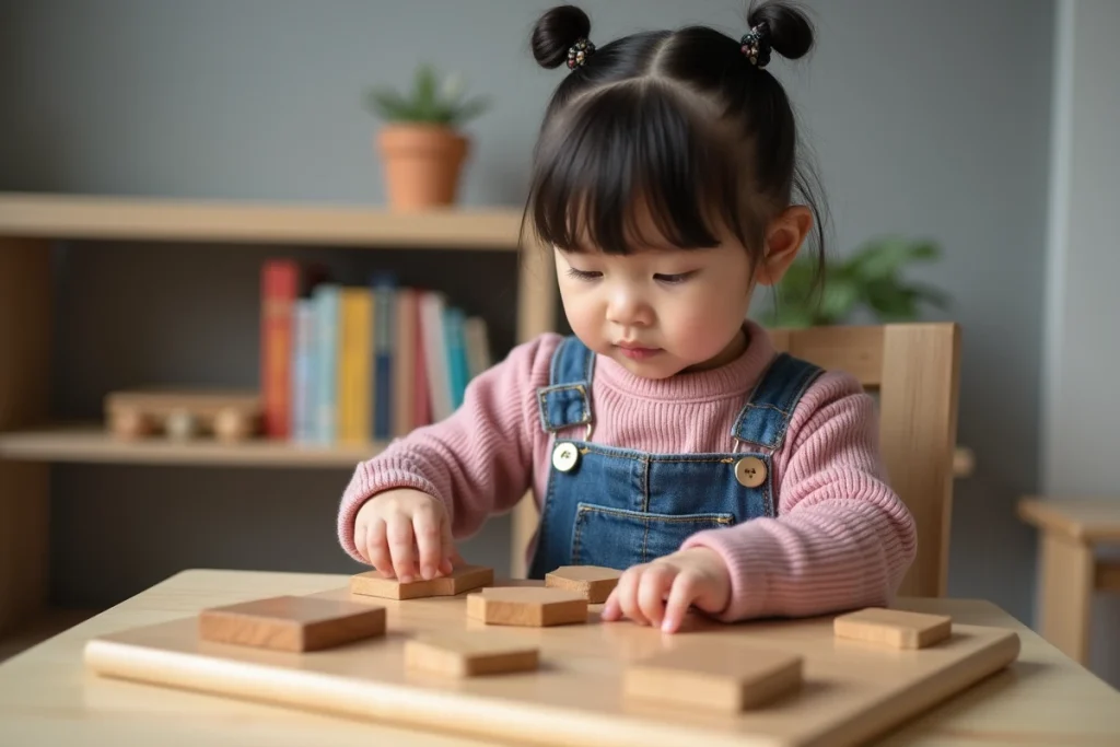 Fillette de 2 ans qui assemble un puzzle en bois à formes géométriques sur un bureau Montessori dans une chambre enfant épurée