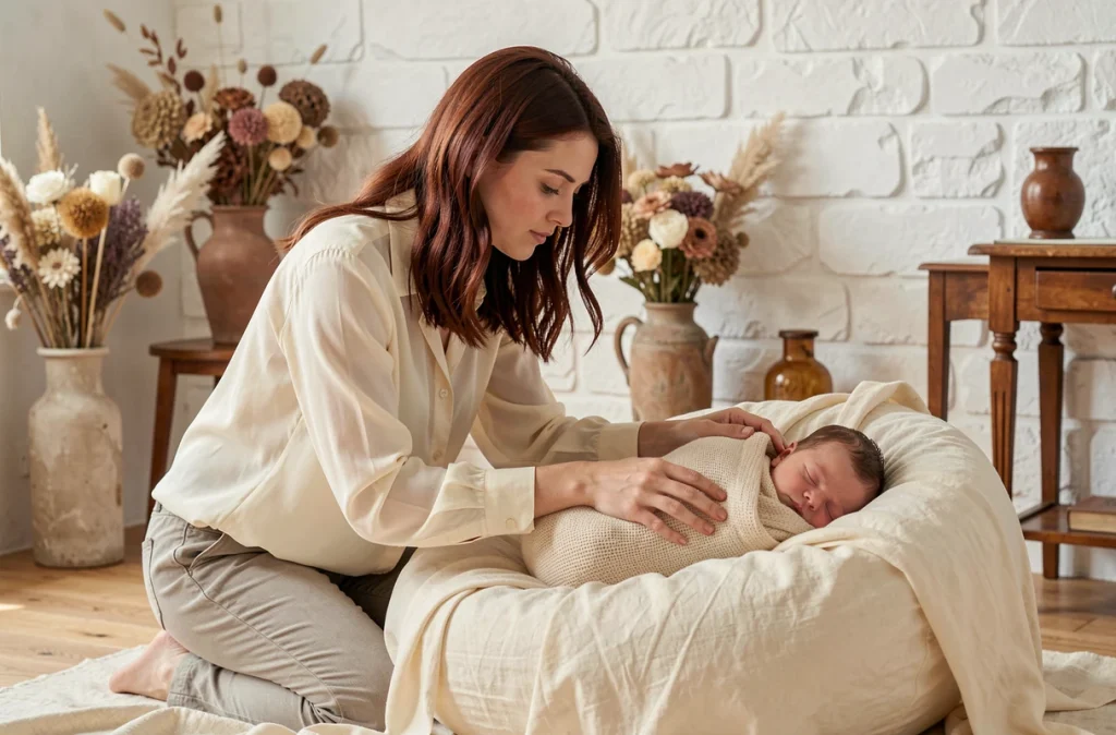 Raphaëlle Fava, photographe naissance et mariage en Alsace, positionnant délicatement un nouveau-né sur un beanbag recouvert de mousseline ivoire dans son studio
