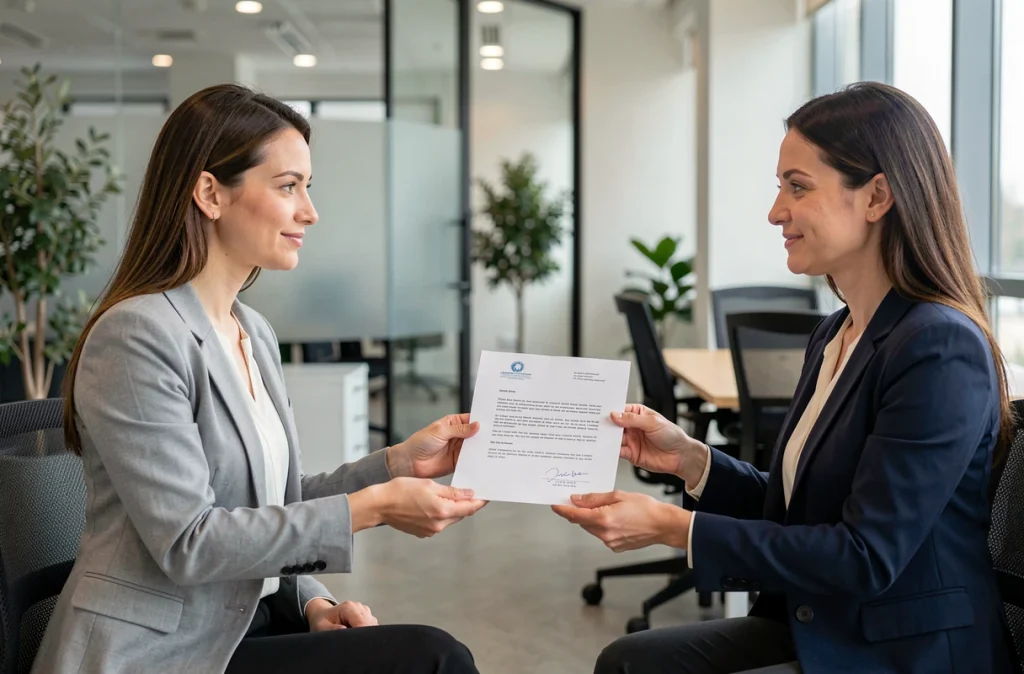 Femme remettant une lettre de demande de temps partiel 80% à sa responsable RH au bureau après un congé maternité