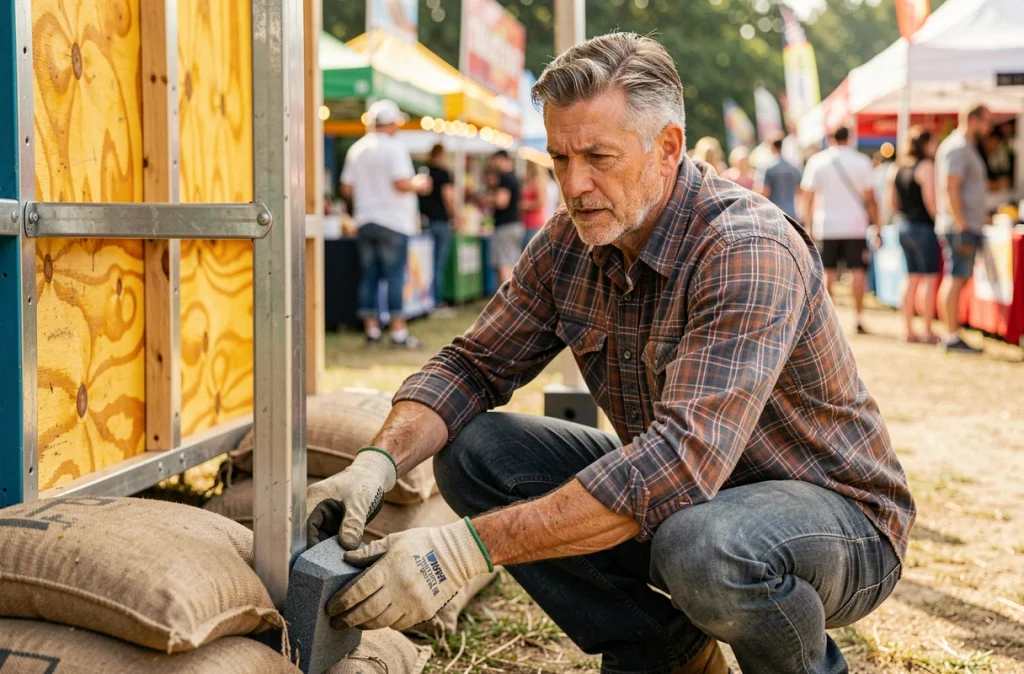Organisateur de kermesse fixant une protection en mousse sur le pied métallique d'un stand pour sécuriser le parcours