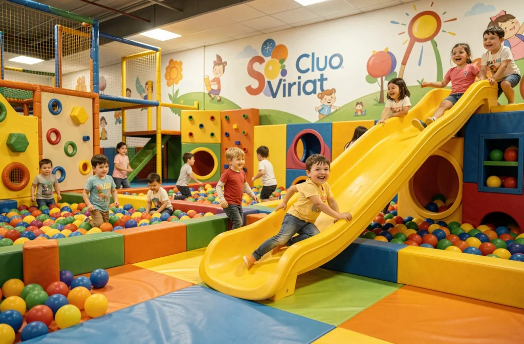 Enfants jouant dans l'espace de jeux intérieur coloré du So Club à Viriat