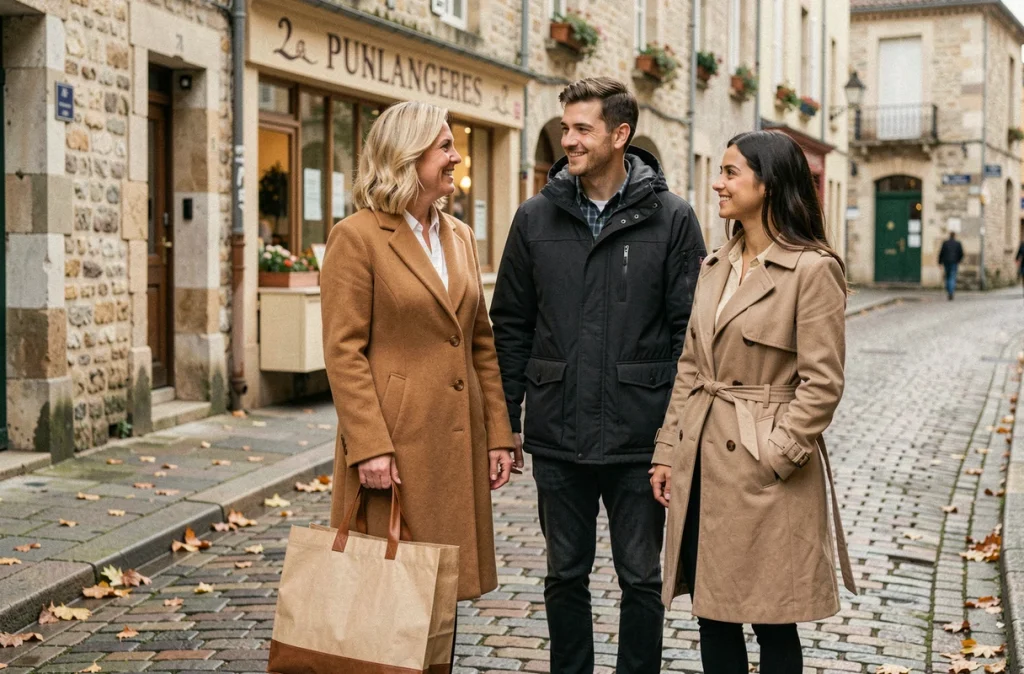 Femme politique blonde en sortie familiale avec ses enfants adultes dans une rue pavée de province française en automne