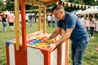 Stand de lancer d'anneaux sécurisé lors d'une kermesse scolaire en plein air avec bénévole adulte superviseur
