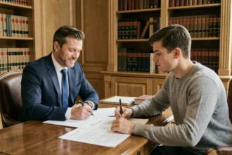 Un père et un avocat examinent les documents légaux nécessaires pour un test ADN de paternité en France