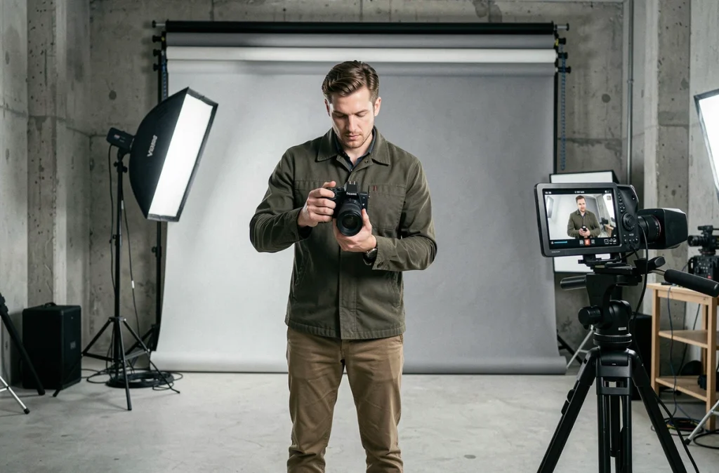 Timothy de PhotoProd, photographe et vidéaste dans le Grand Est, debout dans son studio professionnel avec matériel photo et vidéo au fond