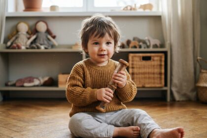 Tout-petit de 2 ans tenant un bâton de pluie en bois dans une salle de jeux chaleureuse en style scandinave
