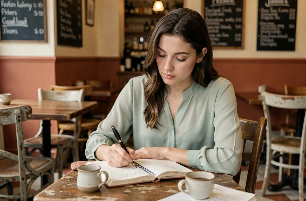 Jeune femme écrivant dans un carnet dans un café français, évoquant les variantes du prénom Baptiste comme Bastien et Baptista
