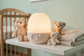 Veilleuse musicale bébé pastel posée sur une étagère en bois blanc dans une chambre de bébé apaisante
