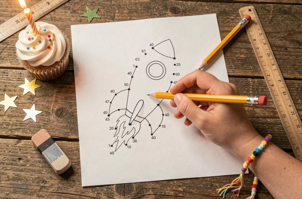 Vue de dessus d'une feuille de dessin à relier sur le thème anniversaire avec une main d'enfant et un crayon