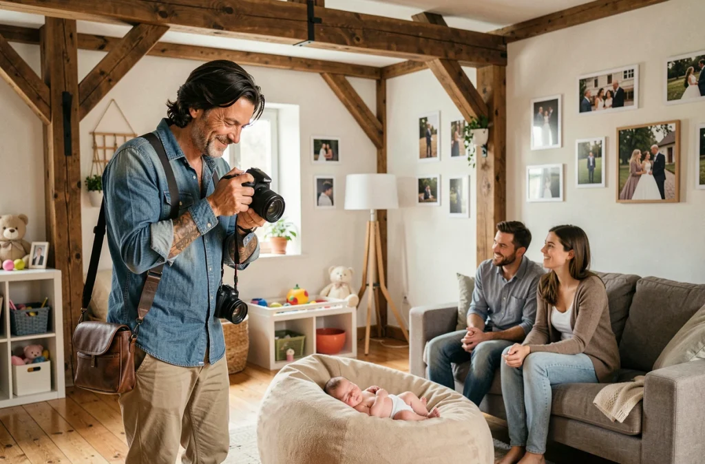 Yann, photographe polyvalent dans le Grand Est, gérant simultanément une séance naissance et une consultation client dans un studio aux décors variés